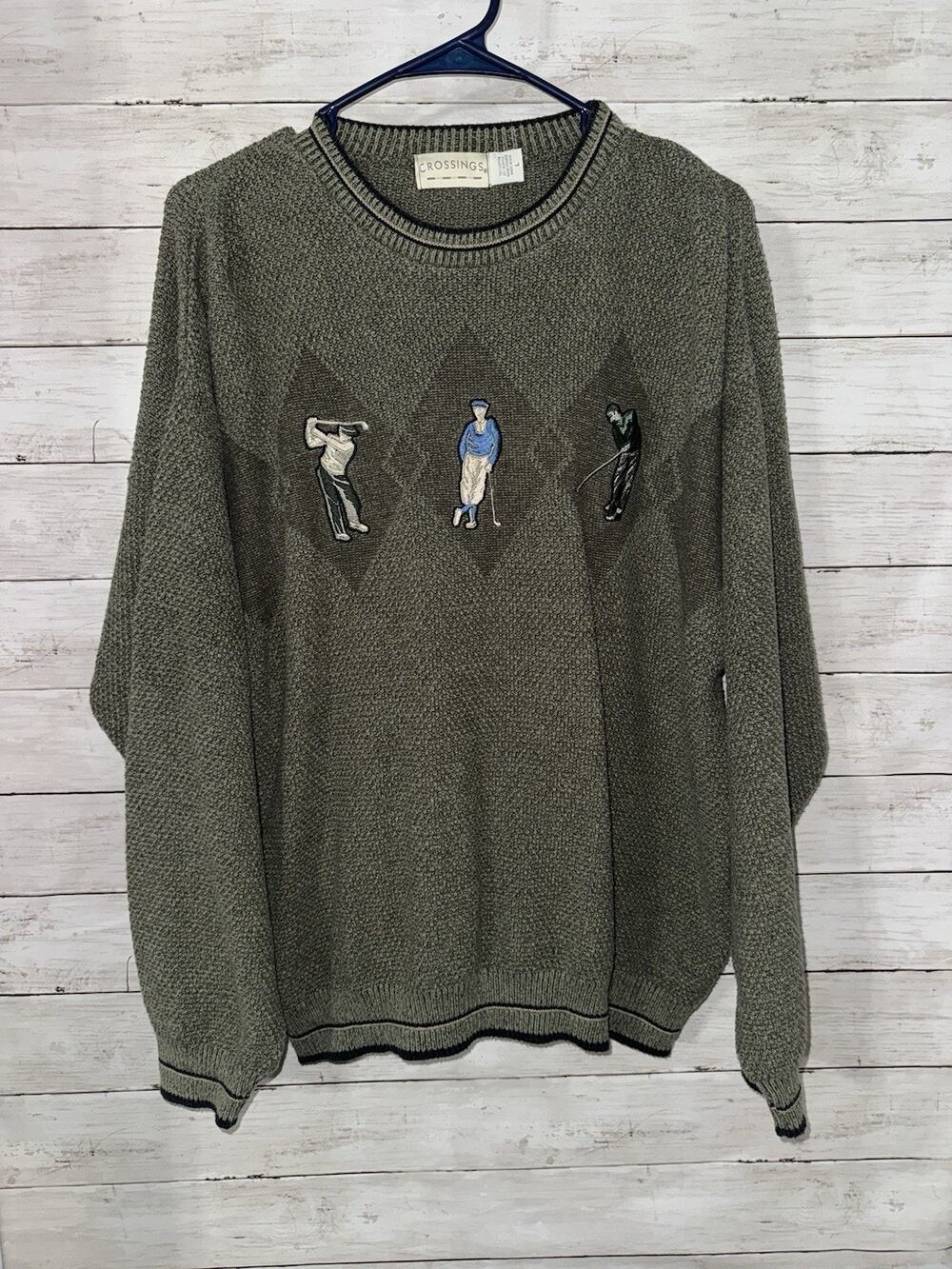 Vintage Crossings Sweater Mens Large Green Crewneck Pullover Golfer Golfing Golf